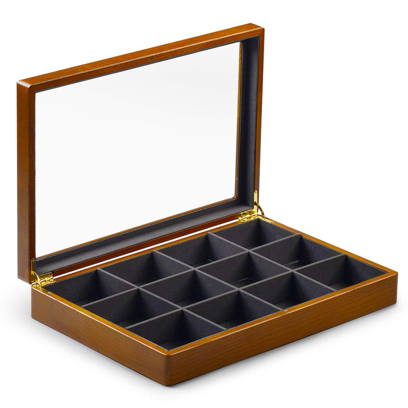 12 Grids Vintage Solid Wood Microfiber Lining Earrings Bracelets Necklace Jewelry Storage Organizer Tray Box with Glass Top Lid