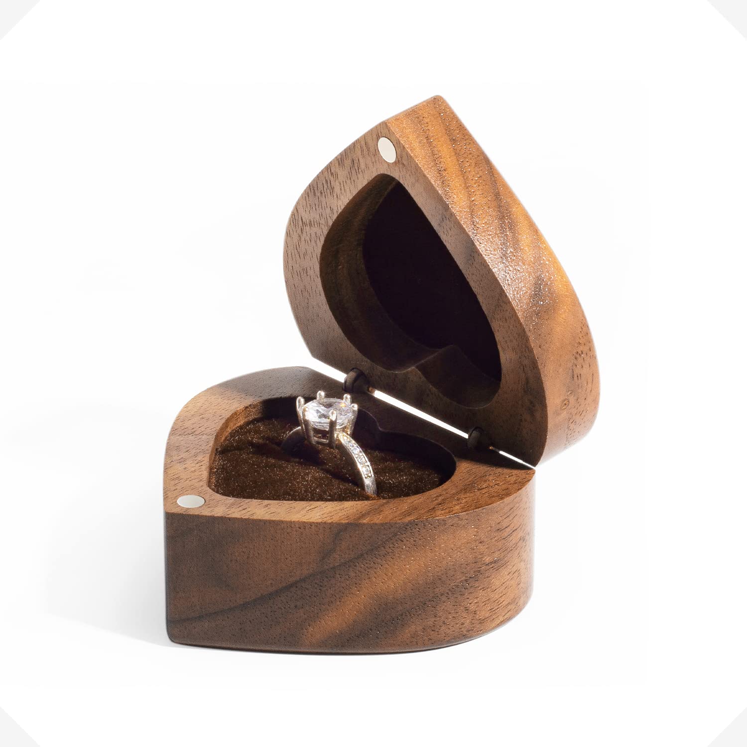 Vintage Natural Heart Shaped Velvet Soft Interior Brown Walnut Wooden Ring Box Wholesale