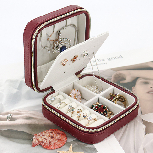PU Leather Organizer Jewelry Display Case Earrings Necklace Travel Portable Jewelry Multi-function Storage Box with Mirror