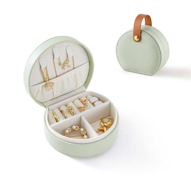 Ready Stock Wholesale Creative Portable Handbag Necklace Ring Jewlery Box Pu Leather Round Small Storage Jewelry Box
