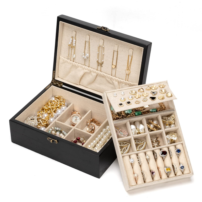 Solid Wood Jewelry Boxes Double Layer Wooden Jewelry Box Organizer Paint Wood Box for Women