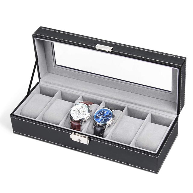 Black PU Leather 6 Slot Watch Display Case Clear Glass Window Wooden Jewelry Watches Organizer Storage Boxes