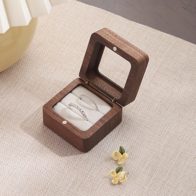 Luxury Walnut Proposal Engagement Wedding Wooden Ring Jewelry Packaging Box with Window 