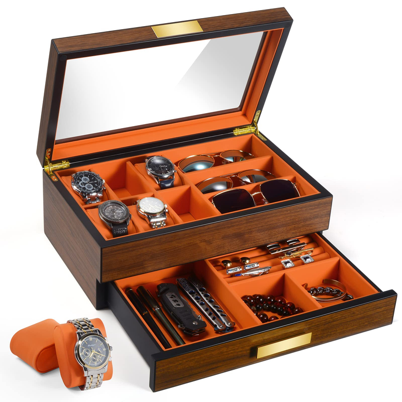 Luxury Wood Watch Jewelry Organizer Case with Drawer Glass Top Watch Storage Gift Box for Sunglasses Cufflinks Rings