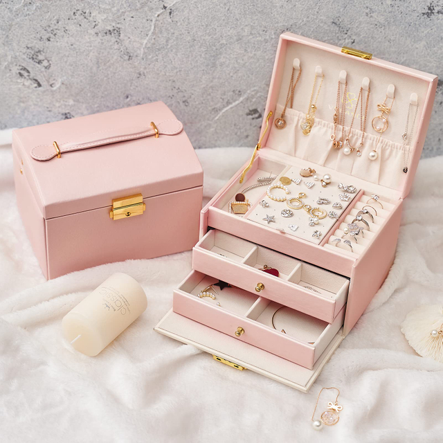 Wholesale Three Layers Girls Women PU Leather Jewelry Storage Case Rings Earrings Necklace Bracelets Jewellery Organizer Box