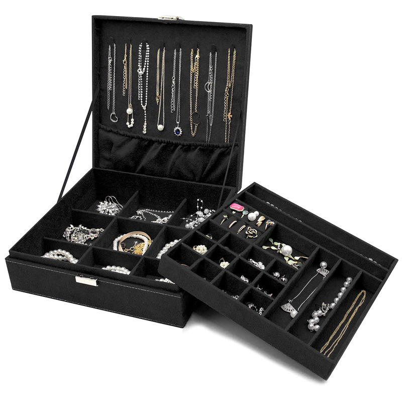 Large Leather Jewelry Organizer Storage Case with Two Layers Display for Earrings Bracelets Rings Watches -Black