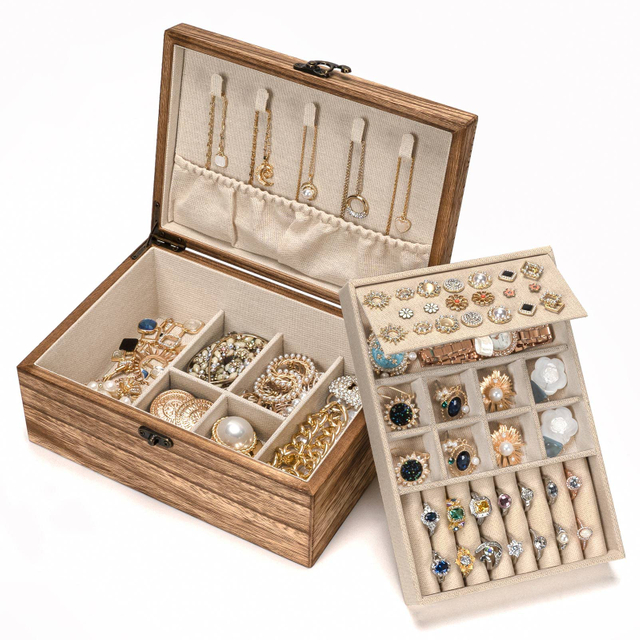 Double Layer Jewelry Organizer Box Solid Wood Jewelry Boxes Rustic Style Small Jewelry Box