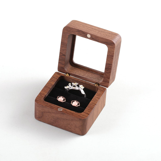 Wholesale Packaging Box Double Ring Box Jewelry Wooden Round Walnut Craft Wood Small Wedding Jewelry Storage Gift Display Case 
