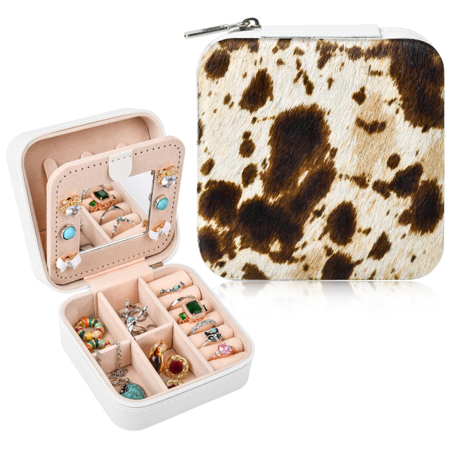 Newest Cow Leopard Print Ring Earring Necklace Jewelry Tray Western Aztec Geometric Pattern Square Pu Leather Jewelry Box