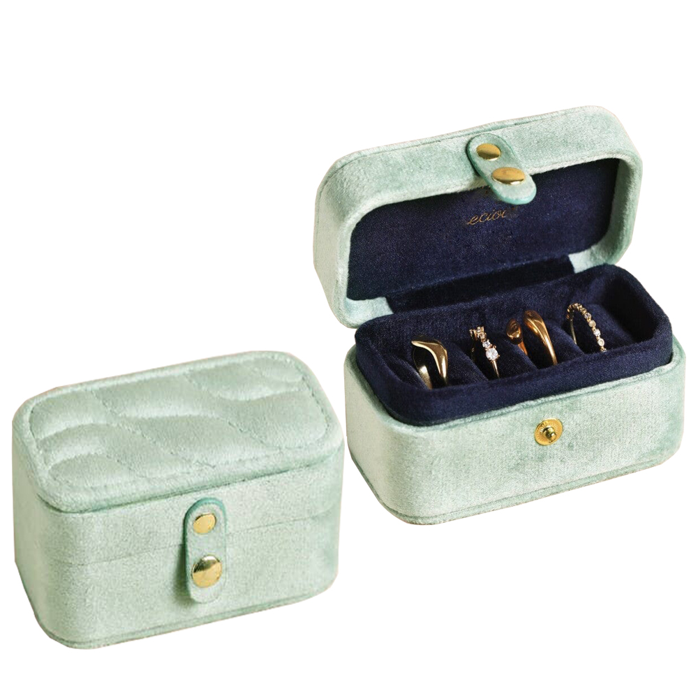 Soft Light Blue Travel Ring Box Mini Portable Jewelry Box Ring Custom Logo Wedding Embroidery Necklace Earrings Boxes with Snap