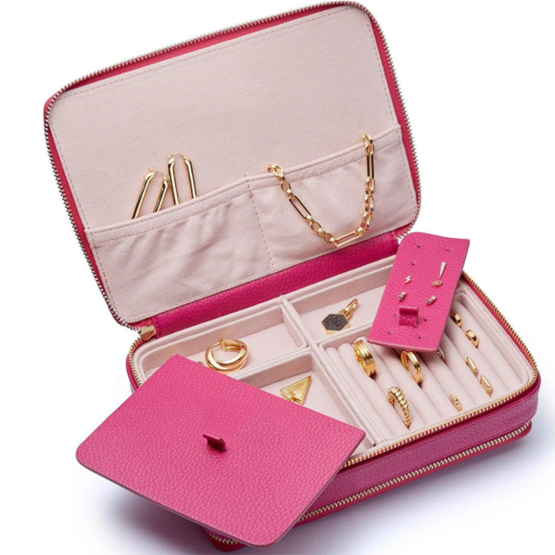 Custom Portable PU Leather Ladies Travel Jewellery Box Zip Case Storage Organizer Box