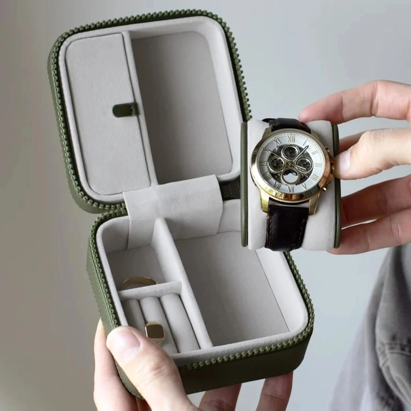 Luxury Elegant Square Canvas Watch Jewelry Packing Travel Boxes Green Leather Ring Earring Jewelry Storage Box Set for Men Women