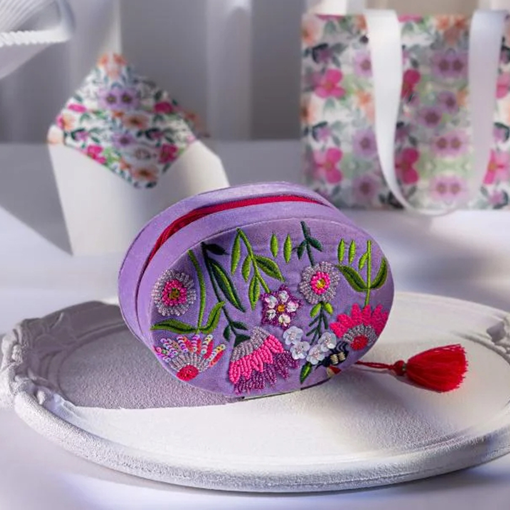 Velvet Beads Embroidered Flower Jewelry Organizer Gift Box