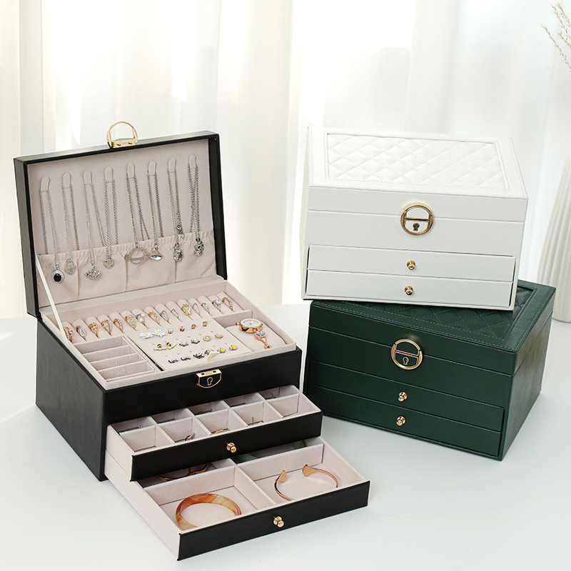 Luxury Multi Function Large Capacity Three Layer Necklace Earrings Ring Jewelry Storage Box with Drawer And Lock