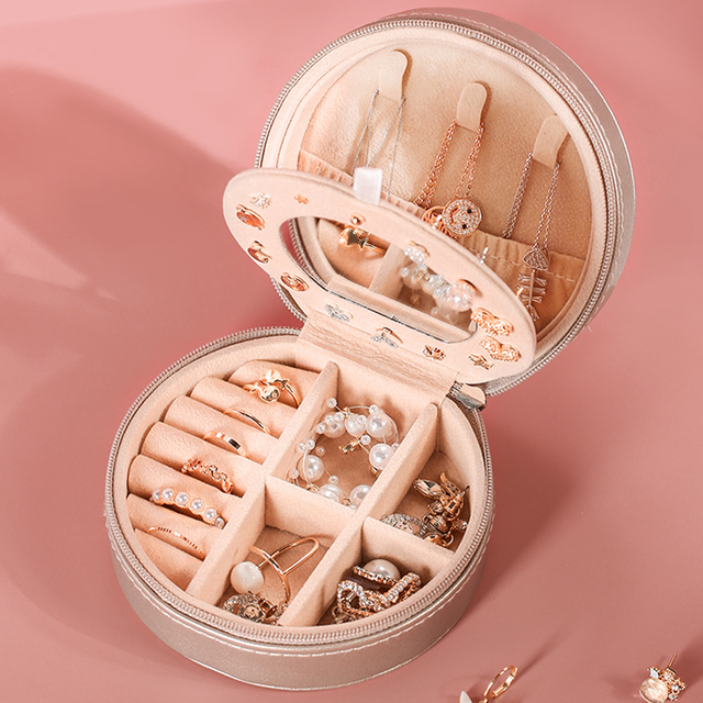 Small Delicate Round PU Leather Jewelry Earrings Ring Necklace Travel Organizer Packaging Box With Zipper and Mirror