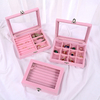 Simple Single Layer Velvet Jewelry Necklace Ring Earring Storage Display Box Wholesale with Glass Window and Divider