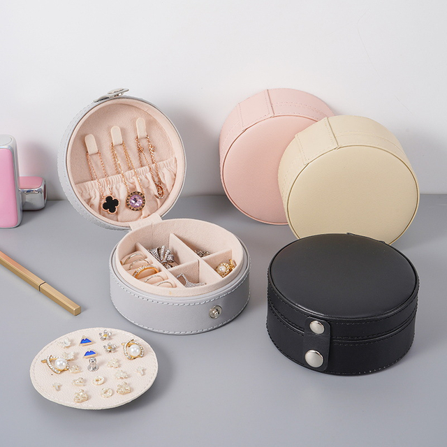 New Mini Round PU Leather Zipper Closure Travel Portable Ring Earring Lipgloss Jewelry Storage Box