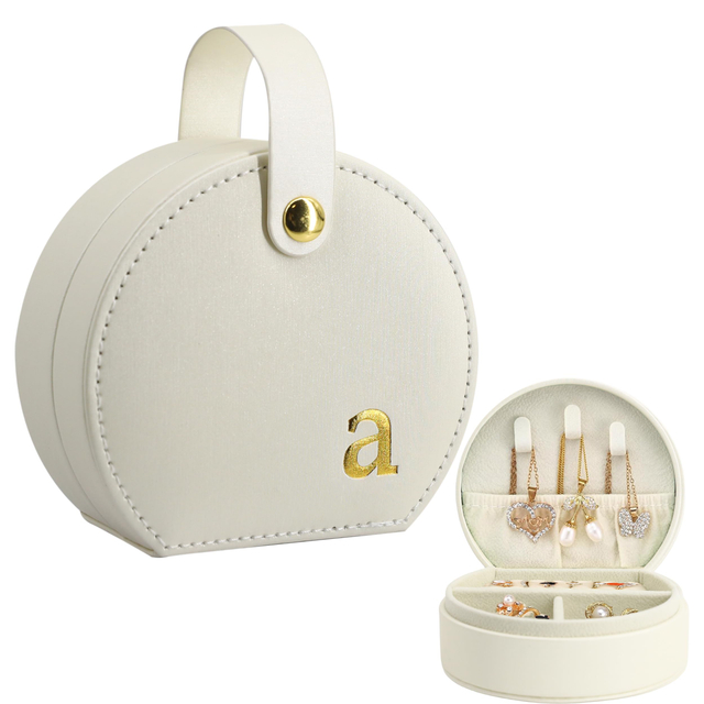 Mini Portable Travel Jewelry Case Gold Monogram Handle Earring Ring Necklace Leather Velvet Jewelry Box