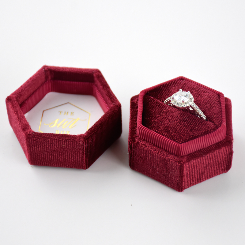 Elegant Luxury Hexagon Red Wine Red Velvet Suede Ring Box Jewllery Packaging Wedding Ring Display Package Boxes