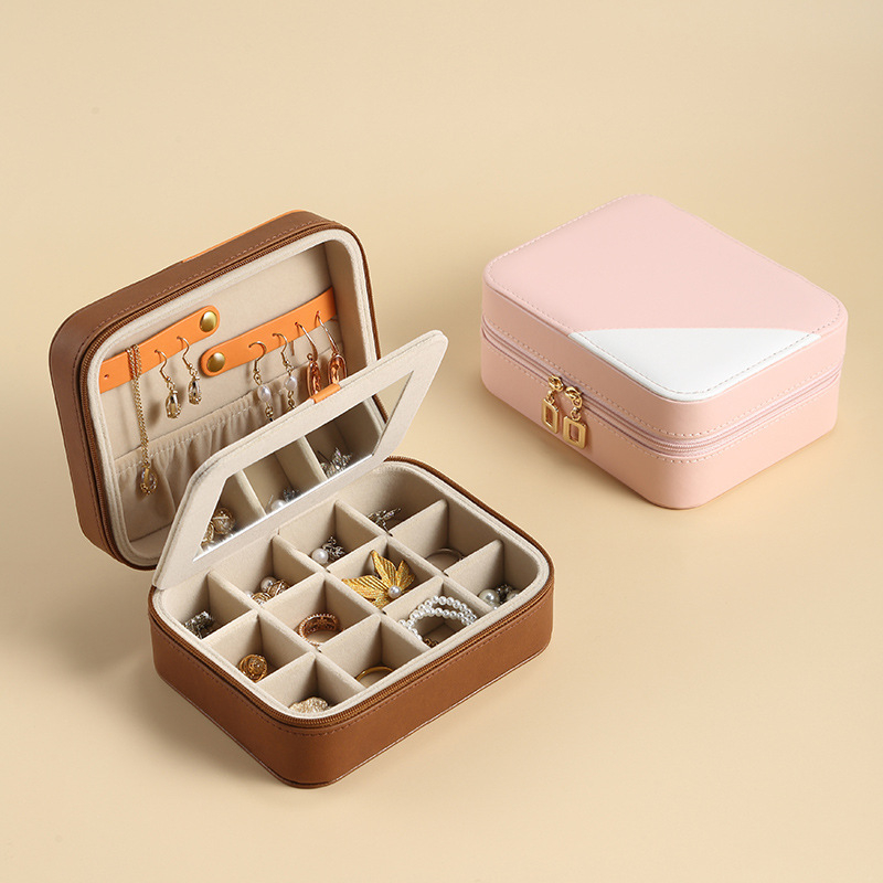 Pu Leather Velvet Jewellery Gift Storage Packaging Boxes Organizer Custom Logo Mirror Small portable zipper Travel Jewelry Box