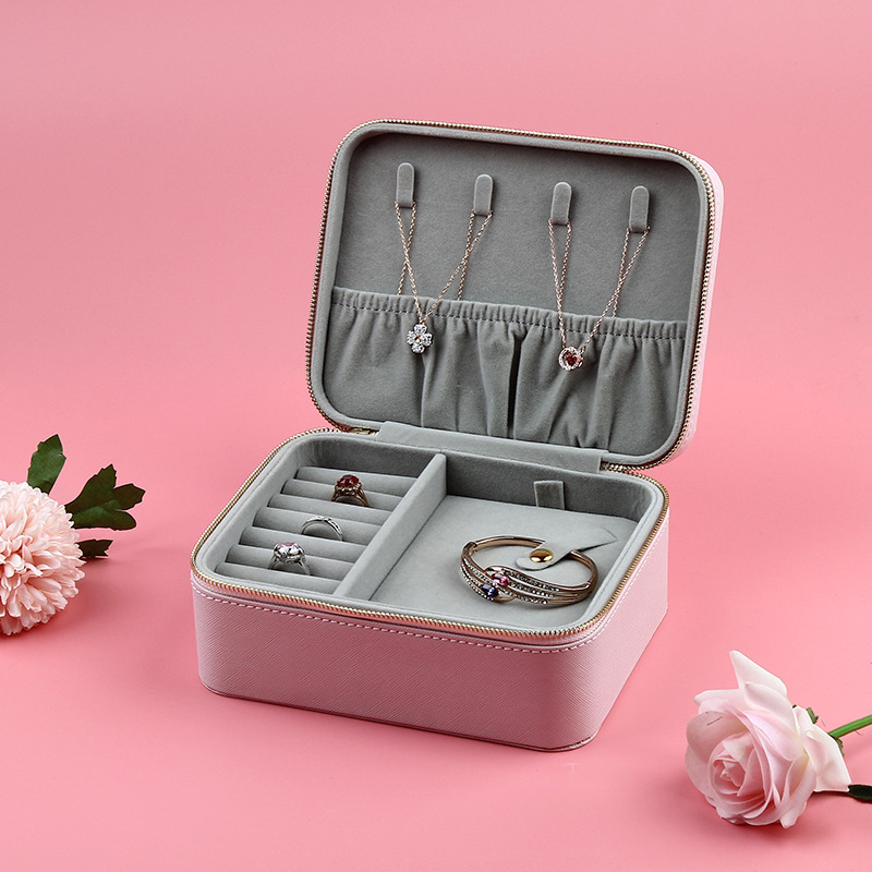 Small Elegant Pink zipper Leather Travel Jewelry Box Holder With Storage jewelry box travel