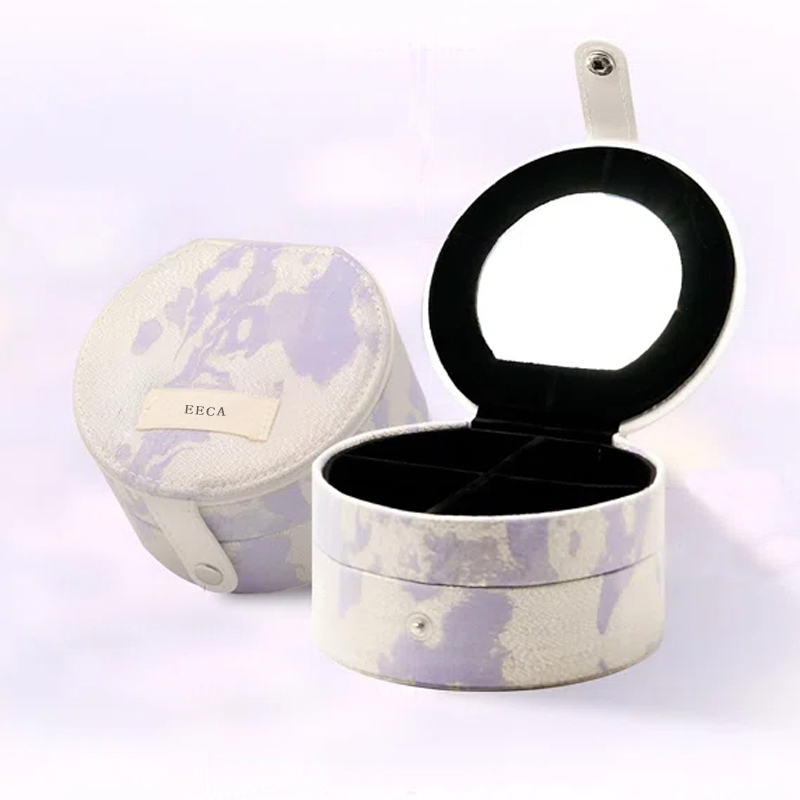 Premium Purple 2 Layered Circular Jewelry Box Packaging with Mirror Portable Jacquard Leather Ring Earring Jewelry Storage Box