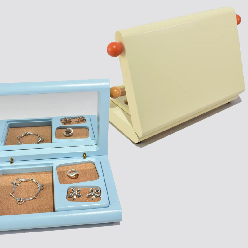 Personalized Blue Mirror with Jewelry Packing Box Wood Earring Ring Necklace Jewelry Storage Box with Mini Detachable Trays