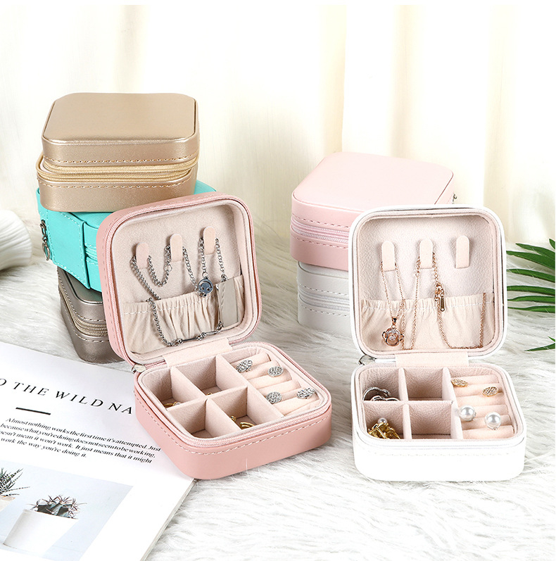 Custom Small Travel Simple Portable Zipper Flip Ring Necklace Earrings Jewelry Storage Box Flannel Lining