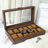 High Grade Black Walnut Wood 10 Slots Watch Display Box Flip Wooden Jewelry Storage Organizer Box with Lock And Glass Window