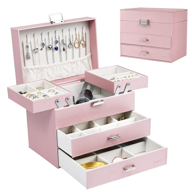 Custom Pu Leather Promotion 3 Tiers Jewelry Organizer Box Handmade Cotton Travel Jewelry Storage Box for Women 
