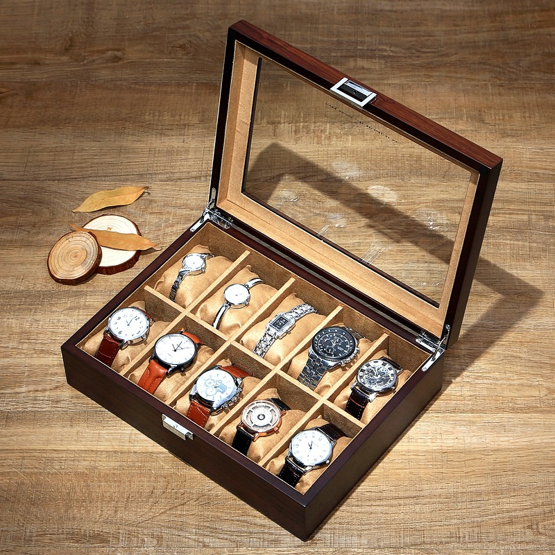 High Grade Square Black Gold Wooden Watch Jewelry Storage Display Box with Transparent Glass Window