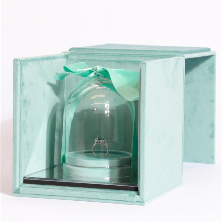 Custom Candy Jewelry Ring Box Clear Glass Dome Wedding Favor Ring Boxes with Ribbon Mirror Flip Magnetic Closure Jewelry Box