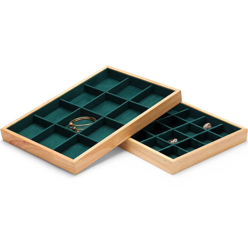 Customized Green Velvet Jewelry Display Jewellery Tray Display Bracelet Earrings Pendant Necklace Trays Wooden Ring Box