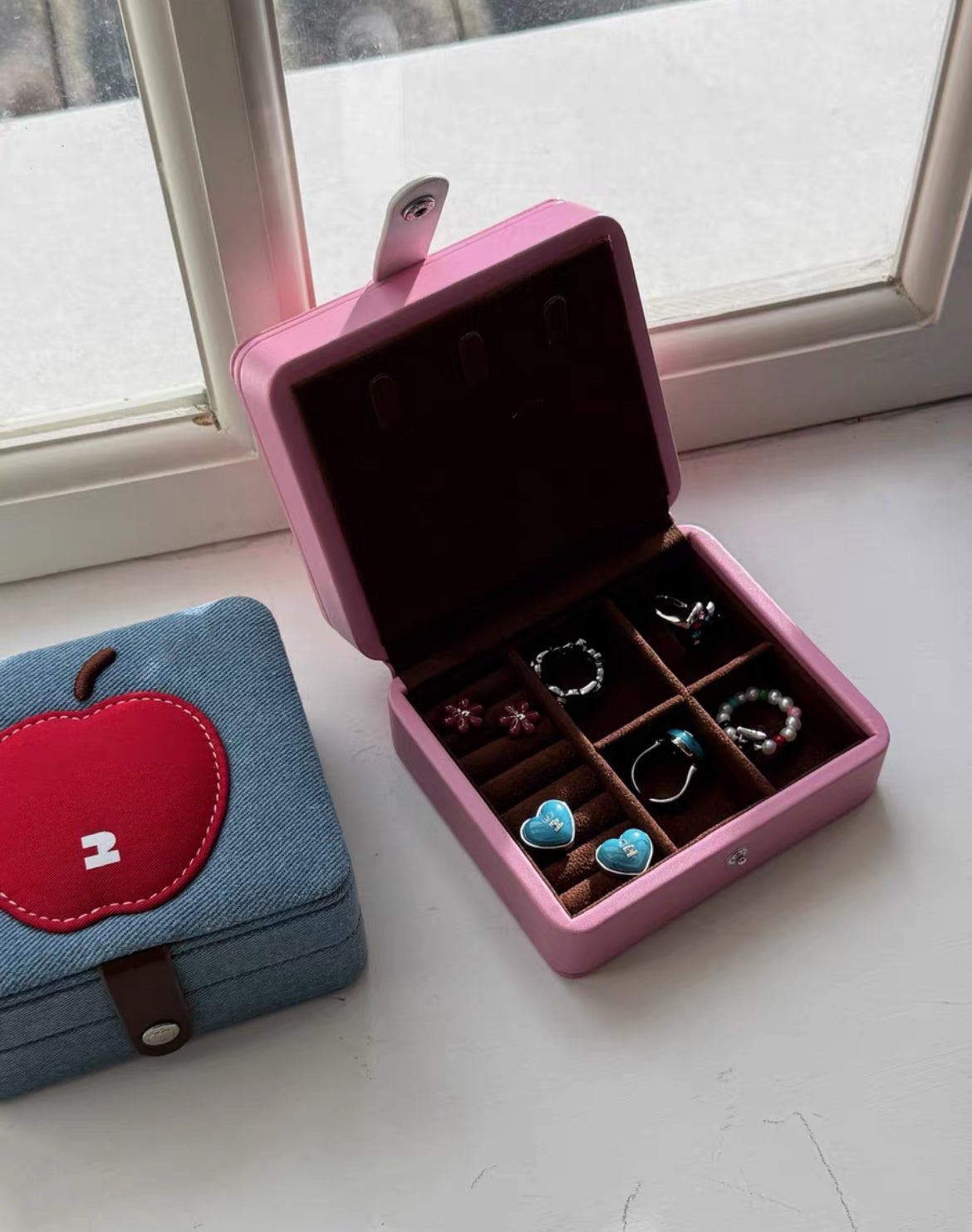 Mini Custom Logo Earring Ring Jewelry Box Organizer Double Layer with Mirror Velvet Cotton Jewelry Ring Bracelet Boxes Packaging