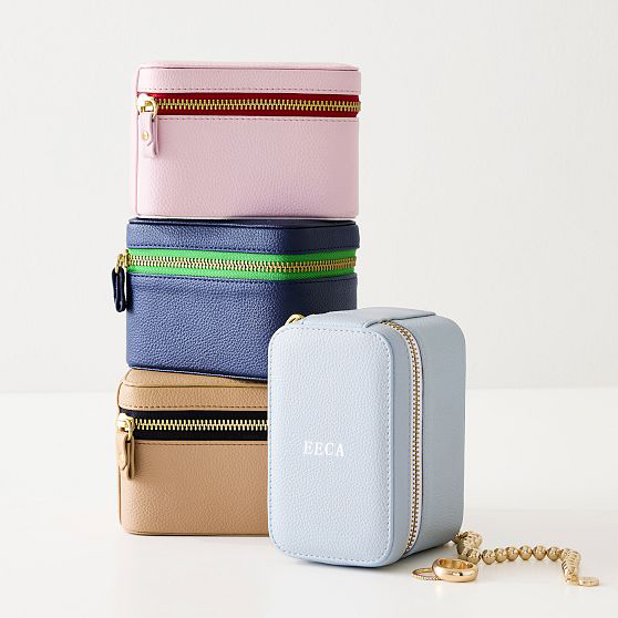 Custom Portable Pink 2 Layer Compartment Design Jewelry Storage Box Packaging Pu Leather Small Watch Jewelry Box Set with Zipper
