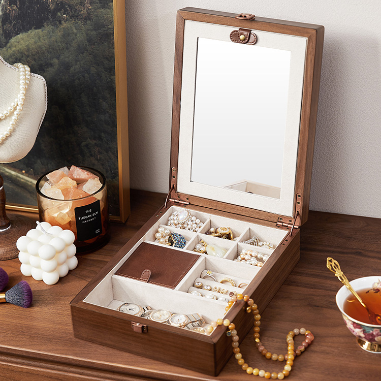 New Arrival Black Walnut Solid Wood Earrings Necklace Ring Jewelry Storage Box with Velvet Lining And Mirror