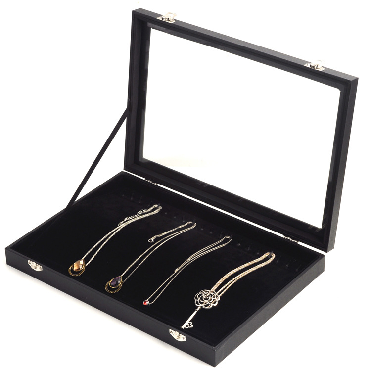 Large Black Portable Leather Paper Liner Flannel Travel Earrings Jewelry Display Box Transparent PVC Window