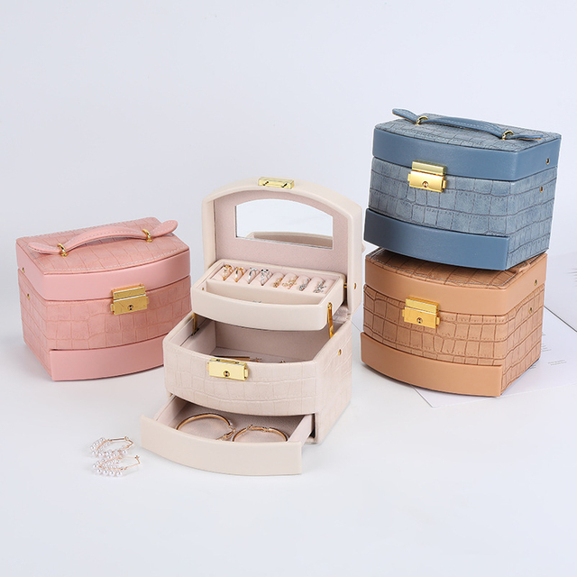 New Style PU Leather Home Multilayer Stud Earrings Ring Necklace Bracelet Jewelry Watch Storage Box with Handle and Mirror