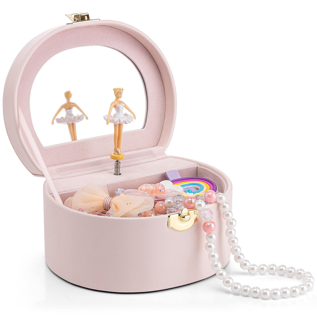 Luxury Pink Round Shape Ballerina Wooden Jewelry Music Boxes Children Jewelry Organizer Box with Mirror For Girls Gifts 