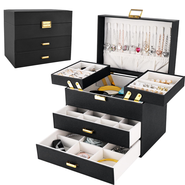 3 Layers Large Jewellery Storage Case Leather Jewelry Organizer Box for Women Girls Earring Rings Necklace Bracelet Watch 