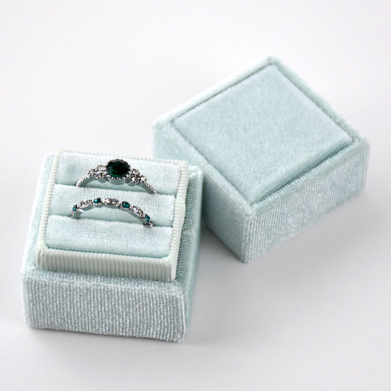 Elegant Square Cyan Velvet Fabric Double Ring Boxes Jewelry Wedding Proposal Gift Ring Display Packaging Box For Two Rings