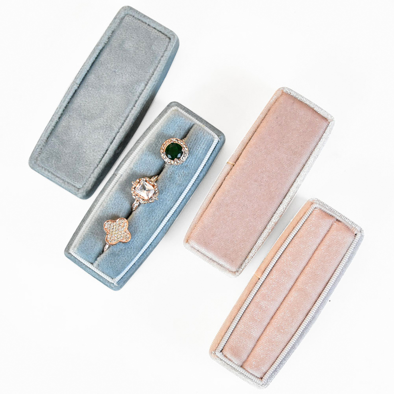 Custom Logo Soft Velvet Fabric Rectangular Blue Pink Single Slot Triple Three Rings Box Packaging Display Case Caja De Anillo