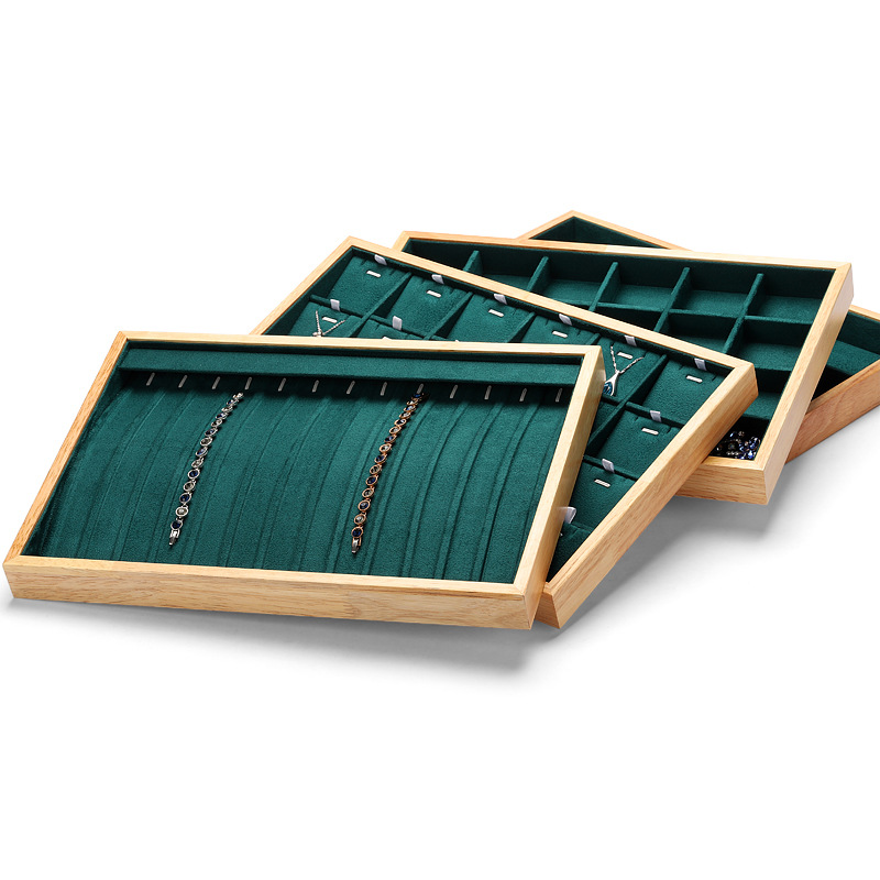 Customized Green Velvet Jewelry Display Jewellery Tray Display Bracelet Earrings Pendant Necklace Trays Wooden Ring Box