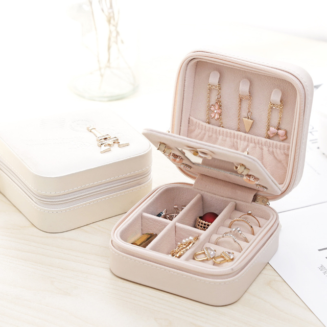 Portable zipper Jewelry Box Travel pu leather Ring Earrings Jewelry Box Jewelry Storage Box Cute Small Bag With mirror