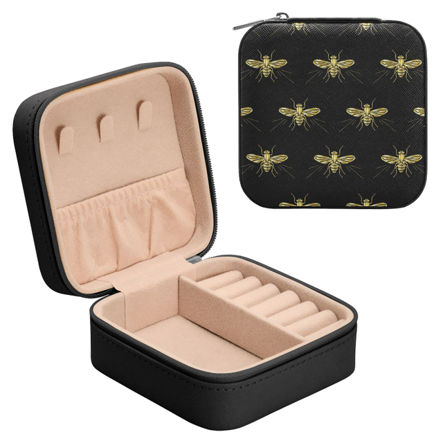 Luxury Lady PU Leather Embroidered Gold Bee Travel Earring Ring Jewelry Storage Organizer Box With Zipper 