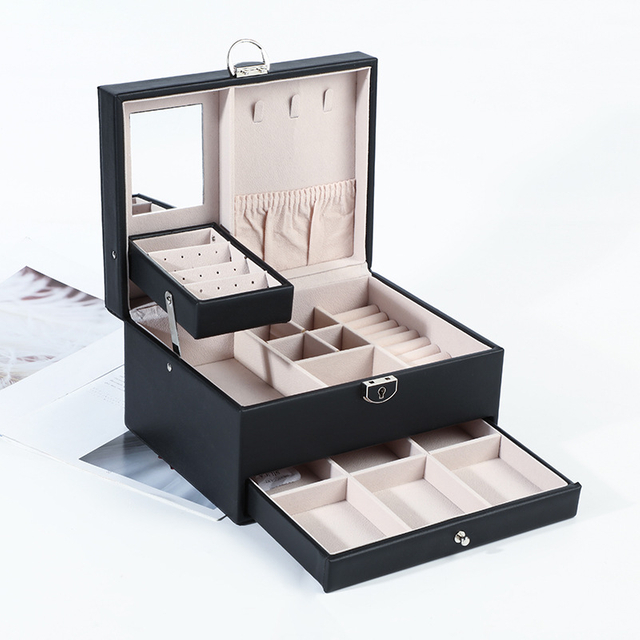 Multilayer Large Capacity Drawer PU Leather Stud Earrings Ring Necklace Dressing Accessories Storage Box With Mirror Metal Lock
