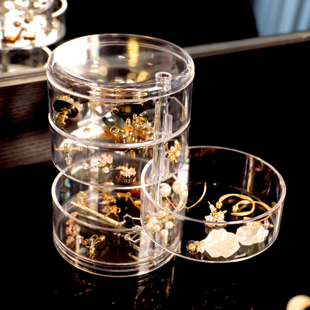 European Princess Style Multi Layer Round Transparent Rotatable Acrylic Ring Earrings Jewelry Storage Box Wholesale
