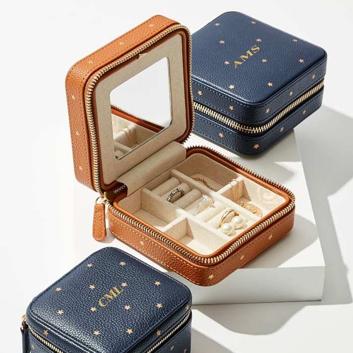 Luxury Portable Travel Jewelry Box with Mirror Custom Small Jewelry Travel Box Leather Collection Zipper Jewelry Travel Box