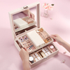 Simple Leather Large Flip Jewelry Watch Necklace Ring Lipstick Cosmetics Storage Box With Mirror Wholesale