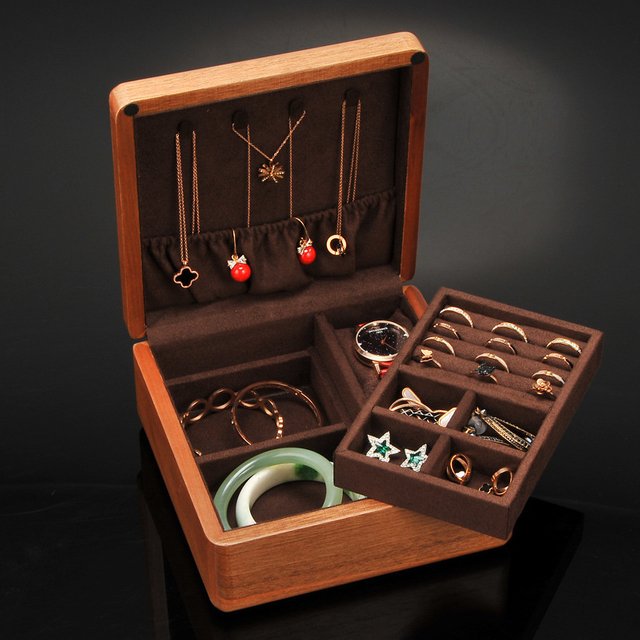 Custom Logo Luxury Double Layer Large Capacity Solid Wood Ring Necklace Earring Bracelet Pendant Storage Box Wholesale